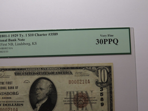 $10 1929 Lindsborg Kansas KS National Currency Bank Note Bill Ch #3589 VF30 PCGS