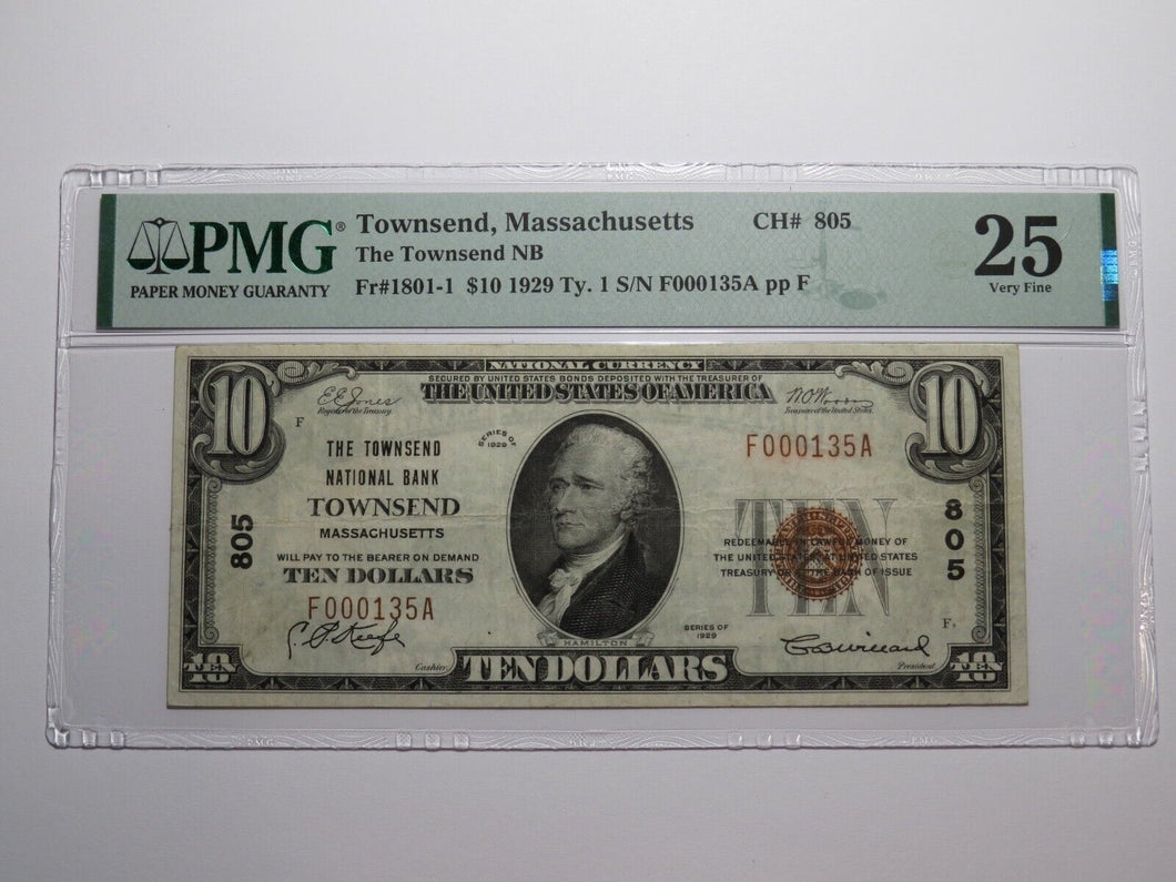 $10 1929 Townsend Massachusetts National Currency Bank Note Bill Ch. #805 VF25