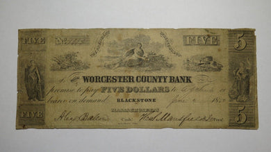 $5 1850 Blackstone Massachusetts Obsolete Currency Bank Note Bill Worcester Cty