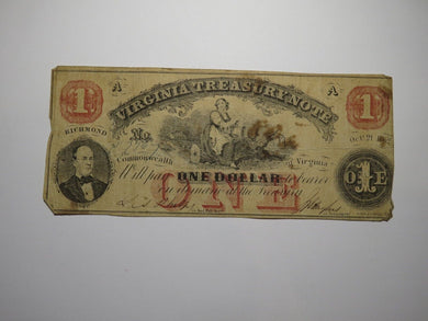 $1 1862 Richmond Virginia VA Obsolete Currency Treasury Bank Note Bill