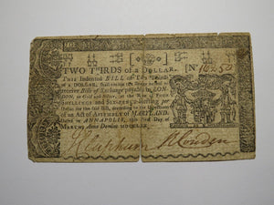 1770 $2/3 Annapolis Maryland MD Colonial Currency Bank Note Bill RARE ISSUE