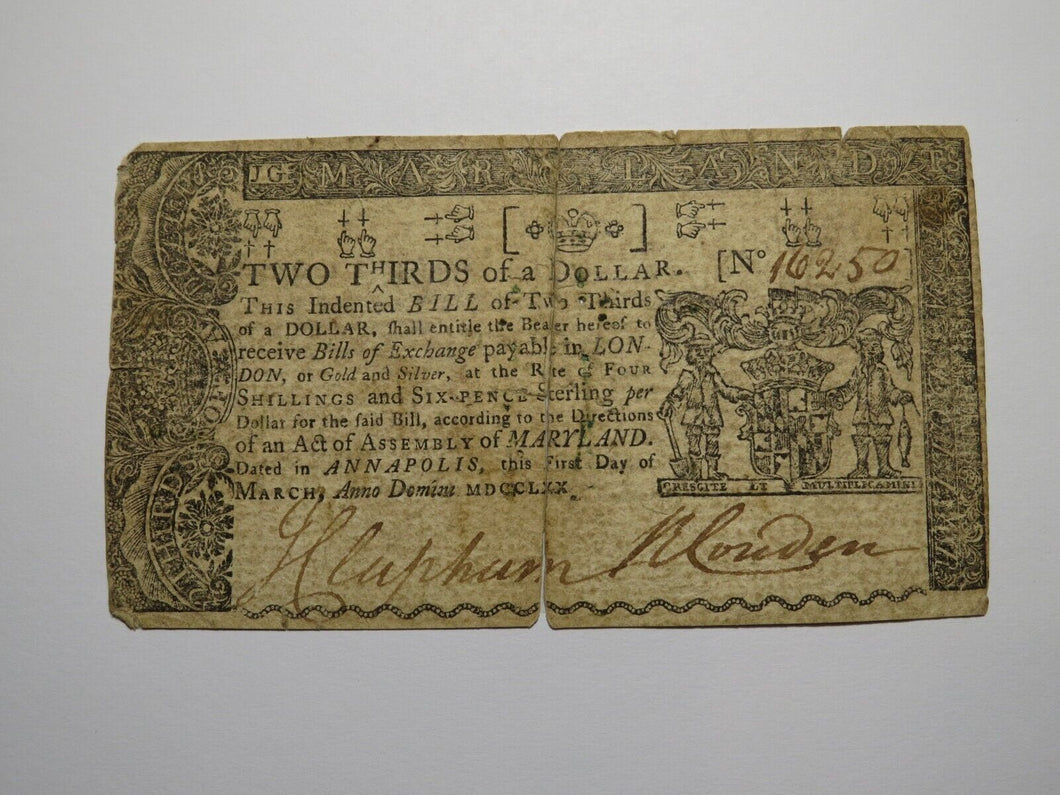 1770 $2/3 Annapolis Maryland MD Colonial Currency Bank Note Bill RARE ISSUE