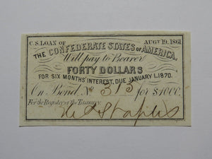 $40 1861 Confederate Bond Coupon Certificate Currency Bank Note Bill UNC