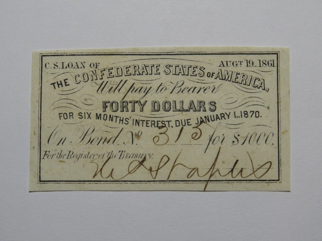 $40 1861 Confederate Bond Coupon Certificate Currency Bank Note Bill UNC