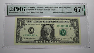 $1 2003A Repeater Serial Number Federal Reserve Currency Bank Note Bill UNC67EPQ