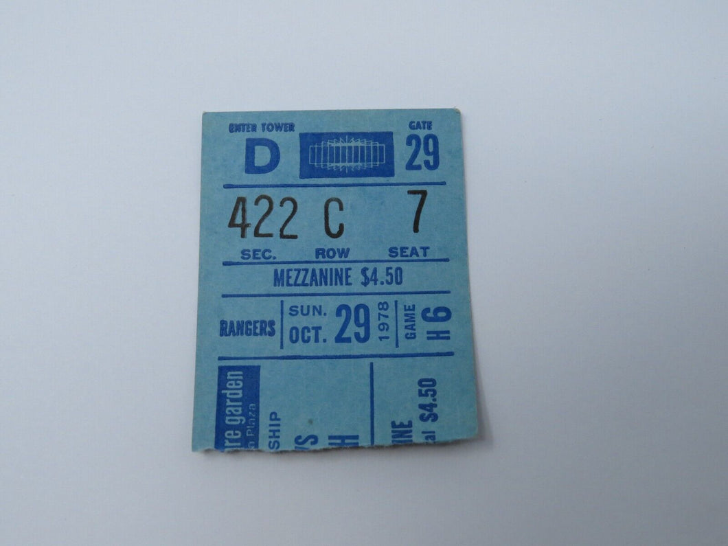 October 29, 1978 New York Rangers Vs. Pittsburgh Penguins NHL Hockey Ticket Stub