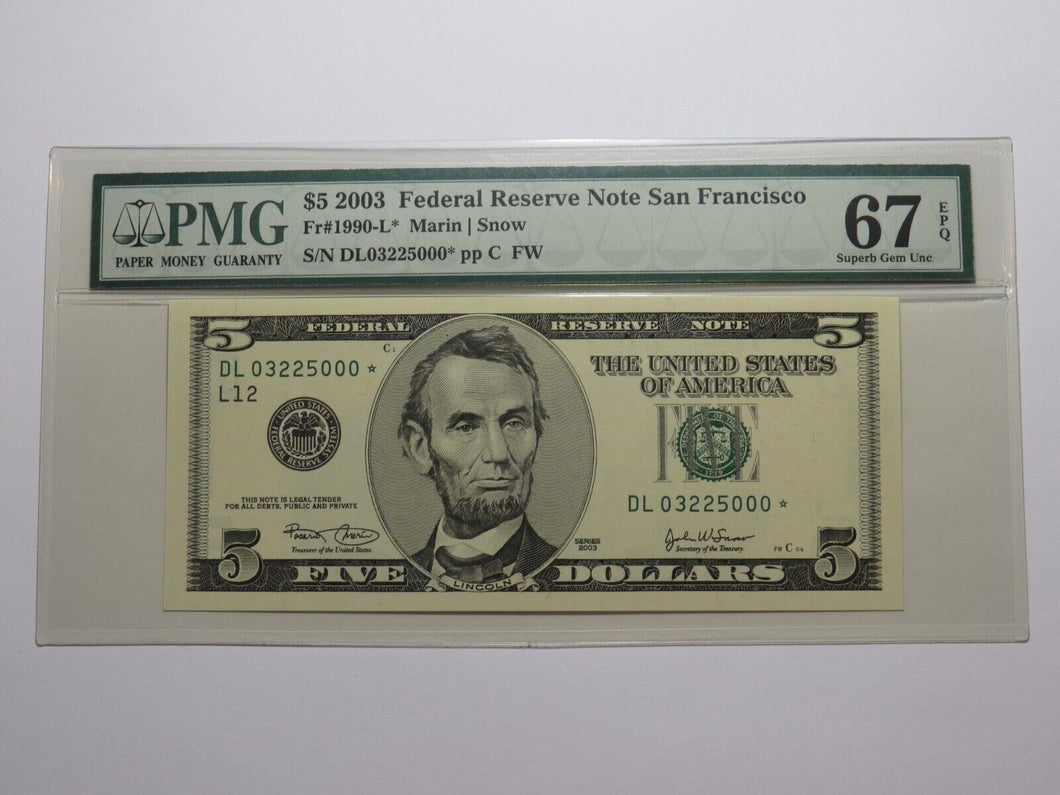 $5 2003 Federal Reserve Star Note Currency Bank Note Bill Superb Gem 67 EPQ PMG