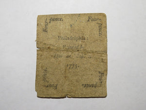 1775 Four Pence Pennsylvania PA Colonial Currency Bank Note Bill RARE Issue 4d