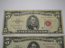 Load image into Gallery viewer, 2 $5 1963 Lincoln Red Seal Legal Tender Currency Notes Bank Bill VF Condition