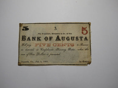 $.05 1863 Augusta Georgia GA Obsolete Currency Bank Note Bill! Augusta Insurance