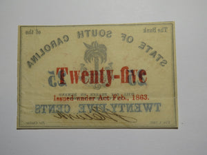 $.25 1863 Charleston South Carolina Obsolete Currency Bank Note State of SC UNC