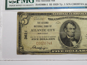 $5 1929 Atlantic City New Jersey NJ National Currency Bank Note Bill #3621 RARE