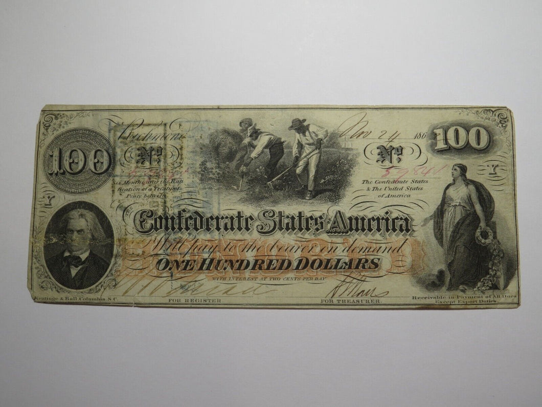 $100 1862 Richmond Virginia VA Confederate Currency Bank Note Bill RARE T41 VF