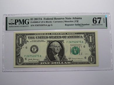 $1 2017A Repeater Serial Number Federal Reserve Currency Bank Note Bill UNC67EPQ
