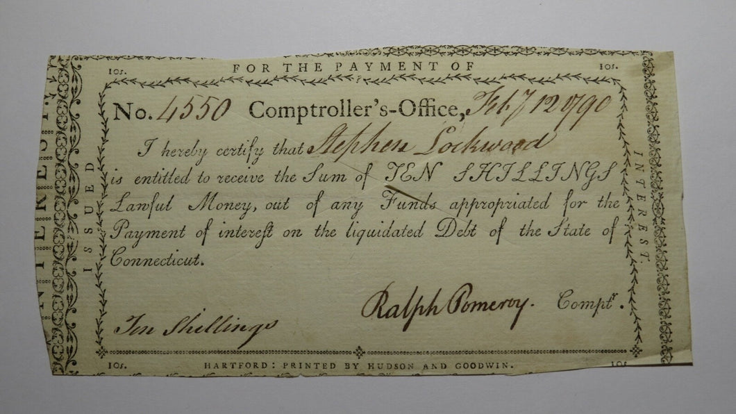 1790 10s Connecticut Comptroller's Office Colonial Currency Note Ralph Pomeroy!