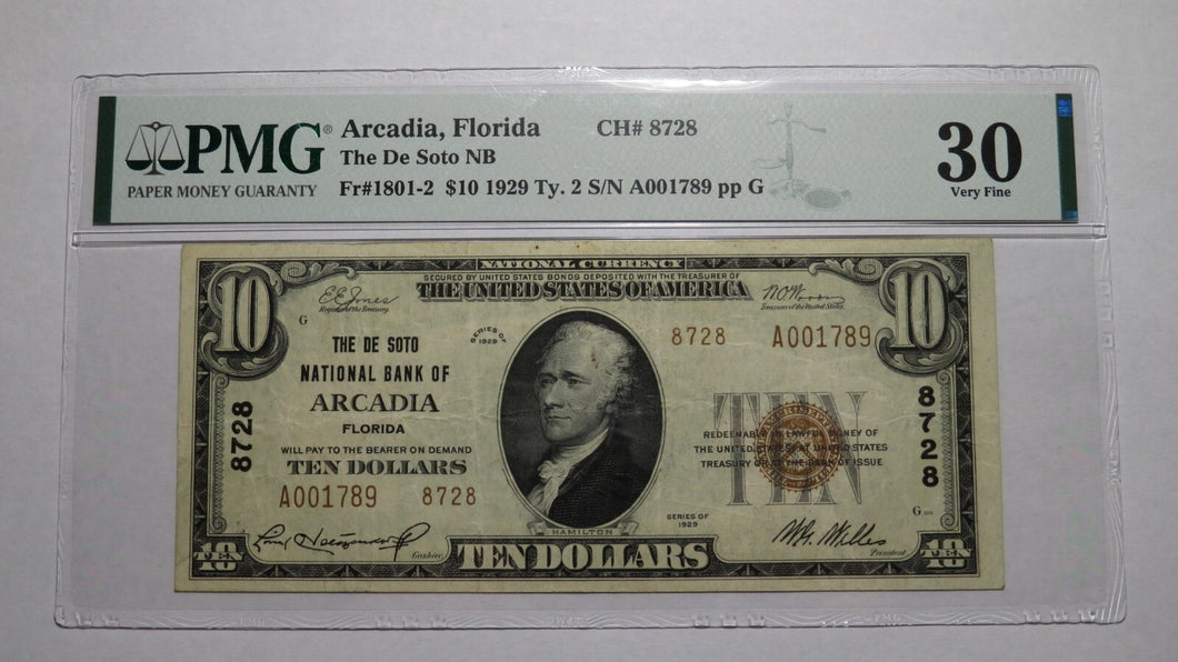 $10 1929 Arcadia Florida FL National Currency Bank Note Bill Ch. #8728 VF30 PMG