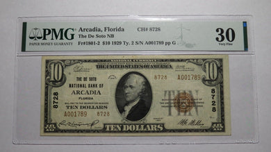 $10 1929 Arcadia Florida FL National Currency Bank Note Bill Ch. #8728 VF30 PMG