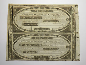 $1 18__ Windsor Vermont VT Obsolete Currency Uncut Bank Sheet Notes Uncirculated
