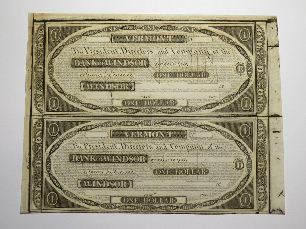 $1 18__ Windsor Vermont VT Obsolete Currency Uncut Bank Sheet Notes Uncirculated