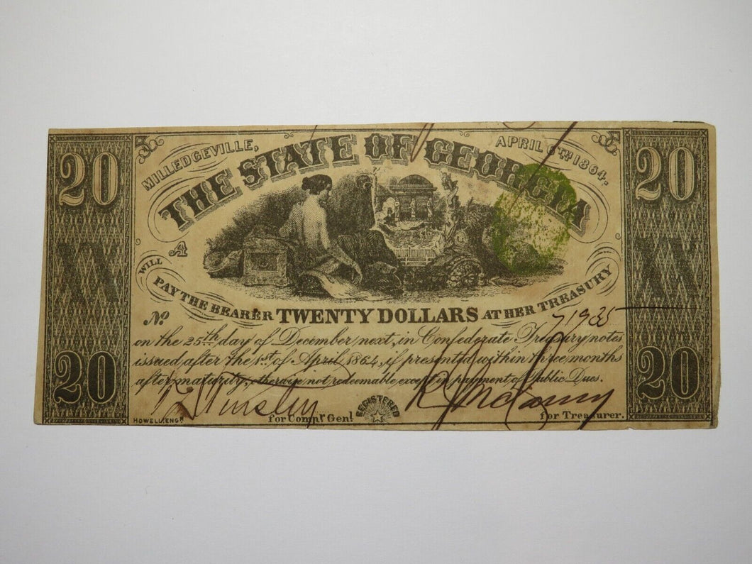 $20 1864 Milledgeville Georgia Obsolete Currency Bank Note Bill State of GA XF