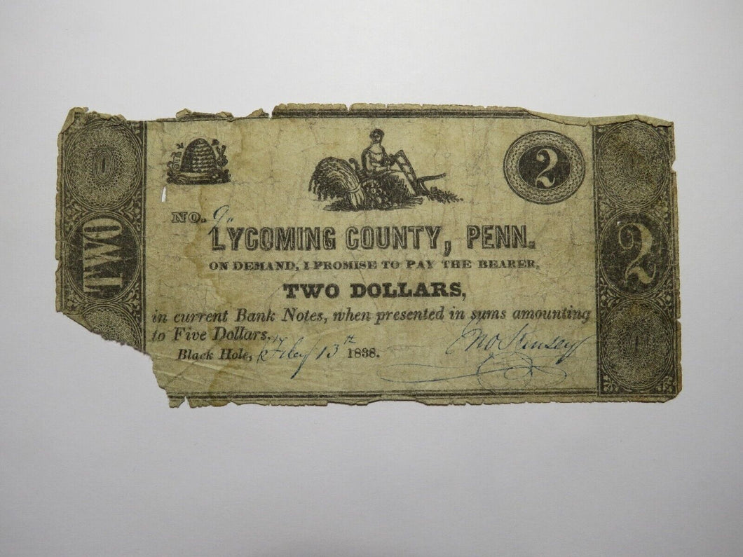 $2 1838 Black Hole Pennsylvania PA Obsolete Currency Bank Note Lycoming County