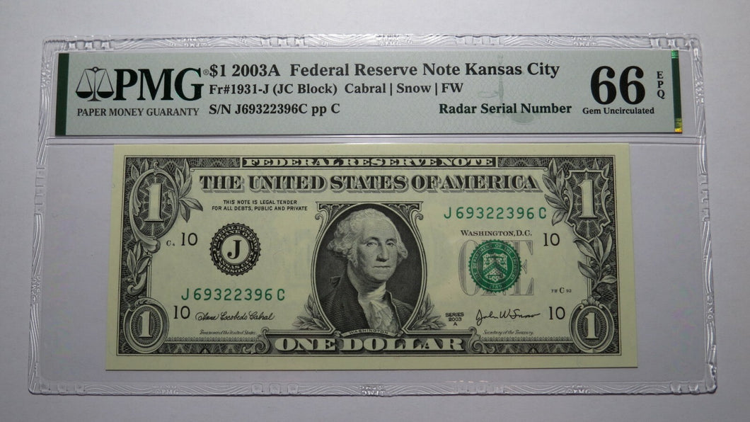 $1 2003 Radar Serial Number Federal Reserve Currency Bank Note Bill PMG UNC66EPQ