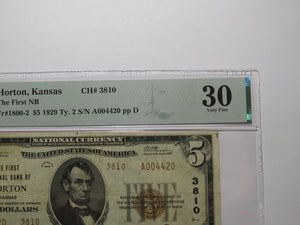 $5 1929 Horton Kansas KS National Currency Bank Note Bill Ch. #3810 VF30