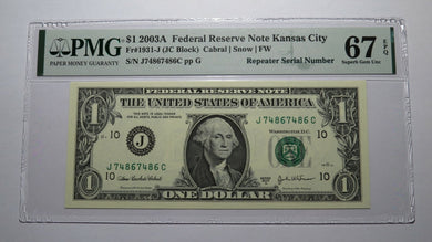 $1 2003 Repeater Serial Number Federal Reserve Currency Bank Note Bill PMG UNC67