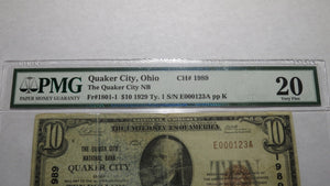 $10 1929 Quaker City Ohio OH National Currency Bank Note Bill Ch. #1989 VF PMG