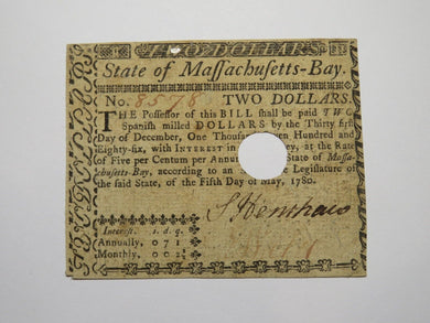 $2 1780 Massachusetts Bay MA Colonial Currency Bank Note Bill! May 5, 1780 RARE
