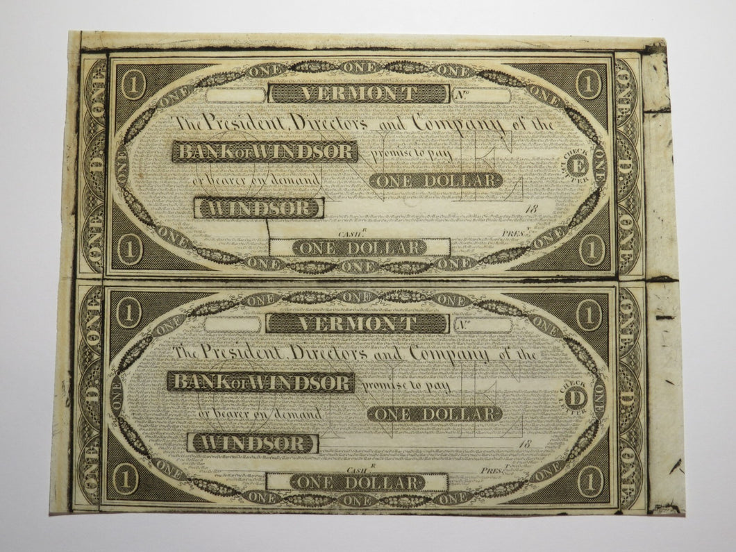 $1 18__ Windsor Vermont VT Obsolete Currency Uncut Bank Sheet Notes Uncirculated