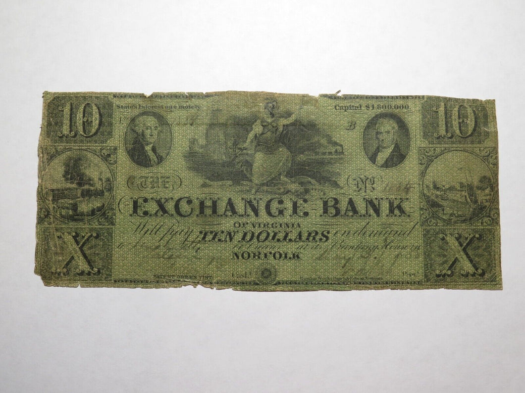 $10 1858 Norfolk Virginia VA Obsolete Currency Bank Note Bill The Exchange Bank
