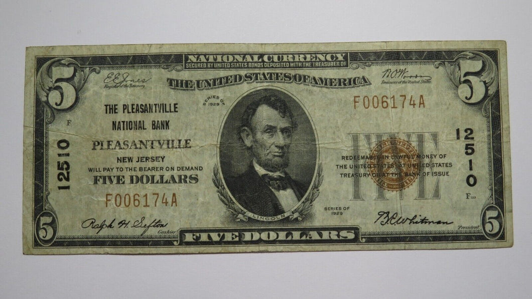 $5 1929 Pleasantville New Jersey NJ National Currency Bank Note Bill `#12510 VF