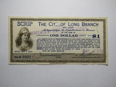 $1 1934 Long Branch New Jersey NJ Obsolete Currency Bank Note Scrip City of LB