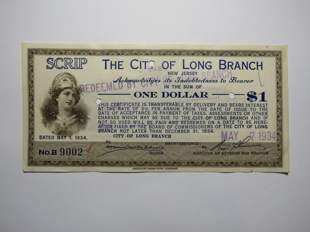 $1 1934 Long Branch New Jersey NJ Obsolete Currency Bank Note Scrip City of LB