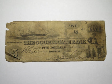 $5 1850 Boston Massachusetts MA Obsolete Currency Bank Note Bill Cochituate Bank