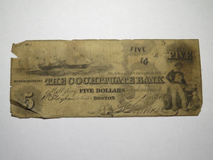 $5 1850 Boston Massachusetts MA Obsolete Currency Bank Note Bill Cochituate Bank