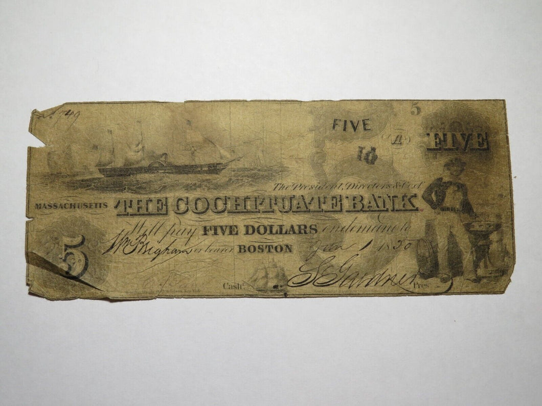 $5 1850 Boston Massachusetts MA Obsolete Currency Bank Note Bill Cochituate Bank