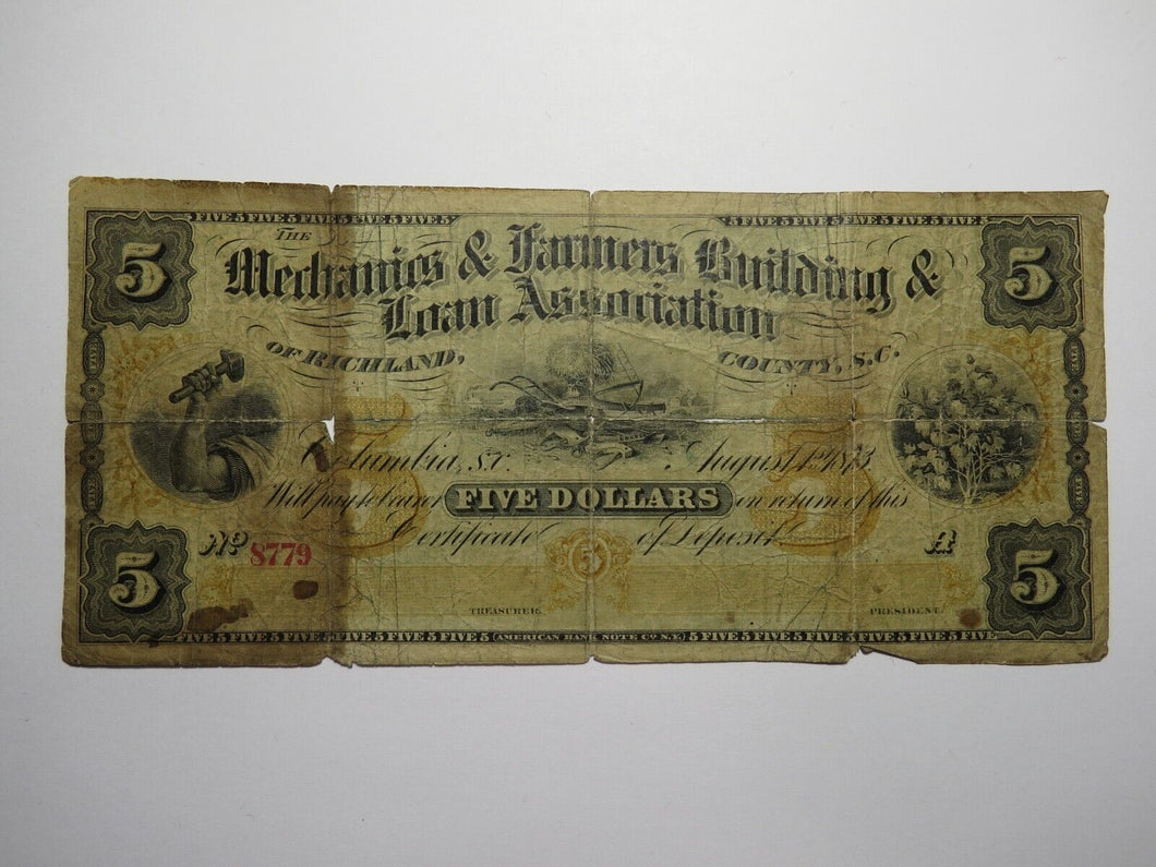 $5 1873 Columbia South Carolina SC Obsolete Currency Bank Note Building & Loan