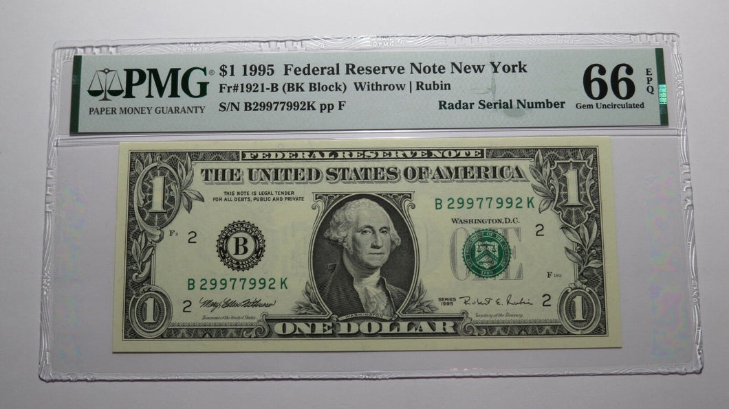 $1 1995 Radar Serial Number Federal Reserve Currency Bank Note Bill PMG UNC66EPQ