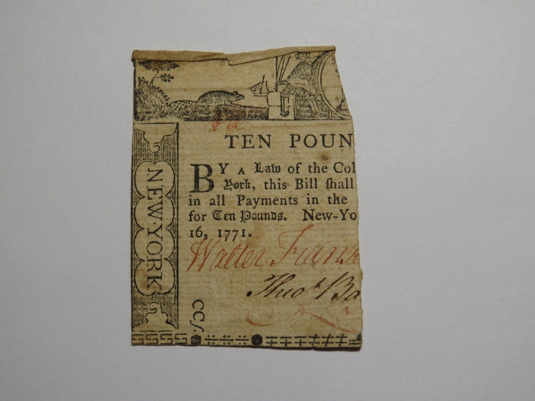1771 Ten Pounds New York NY Colonial Currency Bank Note Bill RARE ISSUE 10