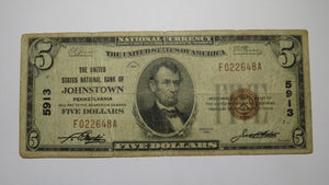 $5 1929 Johnstown Pennsylvania National Currency Bank Note Bill #5913 Forbidden