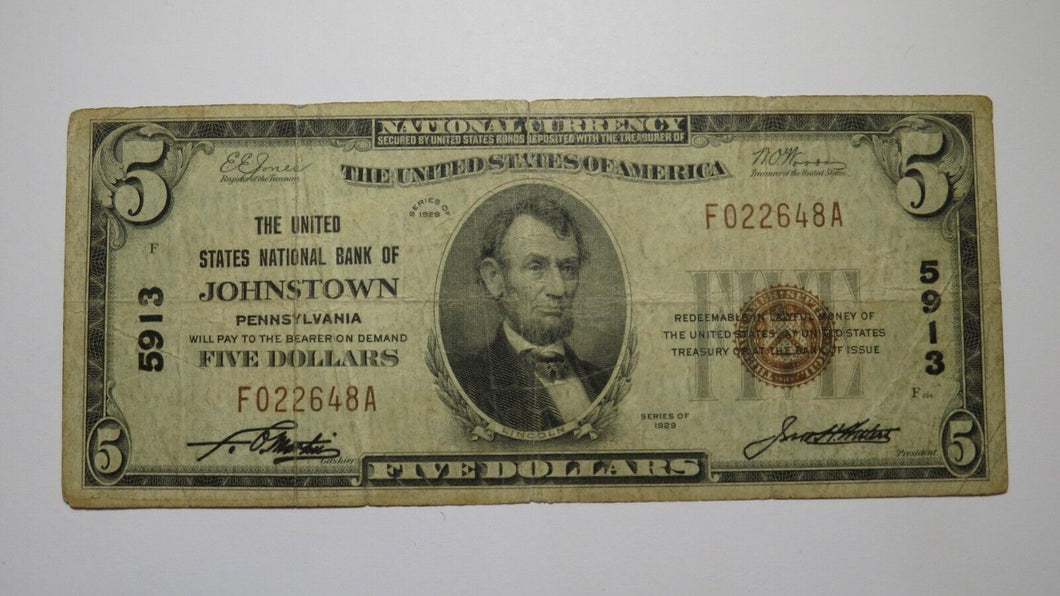 $5 1929 Johnstown Pennsylvania National Currency Bank Note Bill #5913 Forbidden