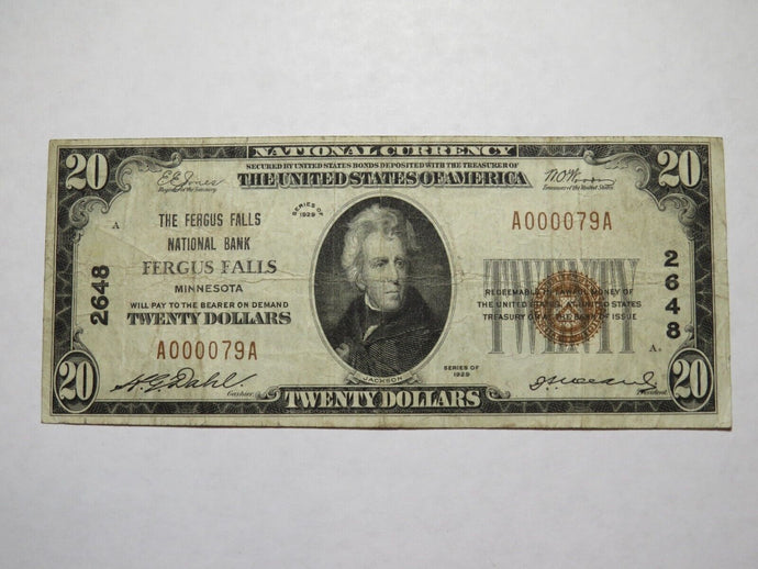 $20 1929 Fergus Falls Minnesota MN National Currency Bank Note Bill Ch. #2648 VF