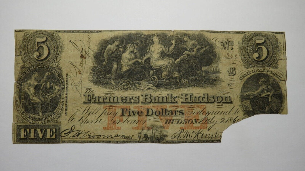 $5 1861 Hudson New York NY Obsolete Currency Bank Note Bill Hudson Farmers Bank