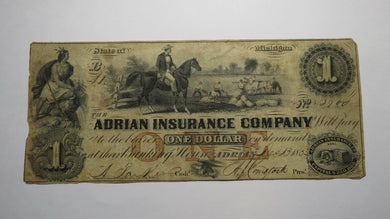 $1 1852 Adrian Michigan MI Obsolete Currency Bank Note Bill Adrian Insurance Co.