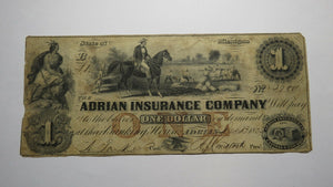 $1 1852 Adrian Michigan MI Obsolete Currency Bank Note Bill Adrian Insurance Co.