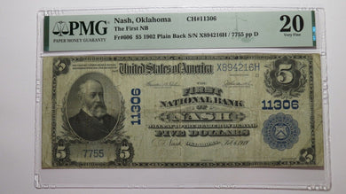$5 1902 Nash Oklahoma OK National Currency Bank Note Bill Ch. #11306 VF20 PMG