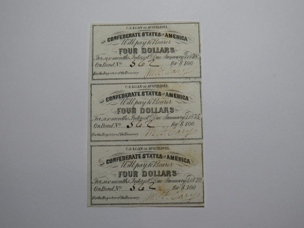 $4 1861 Confederate Bond Coupon Certificate Uncut Sheet Currency Bank Note Bill
