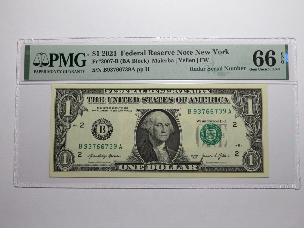 $1 2021 Radar Serial Number Federal Reserve Currency Bank Note Bill PMG UNC66EPQ